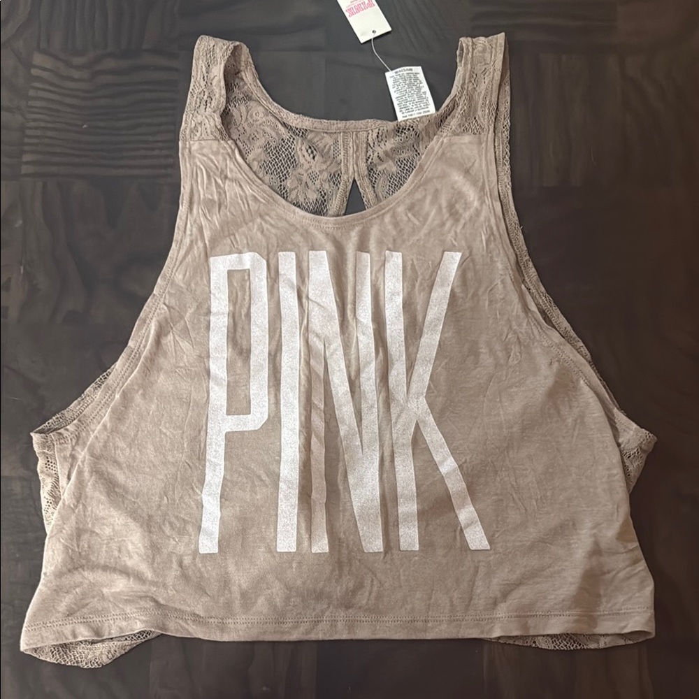NWT: PINK Victoria's Secret Tan Lace-Back Crop Top